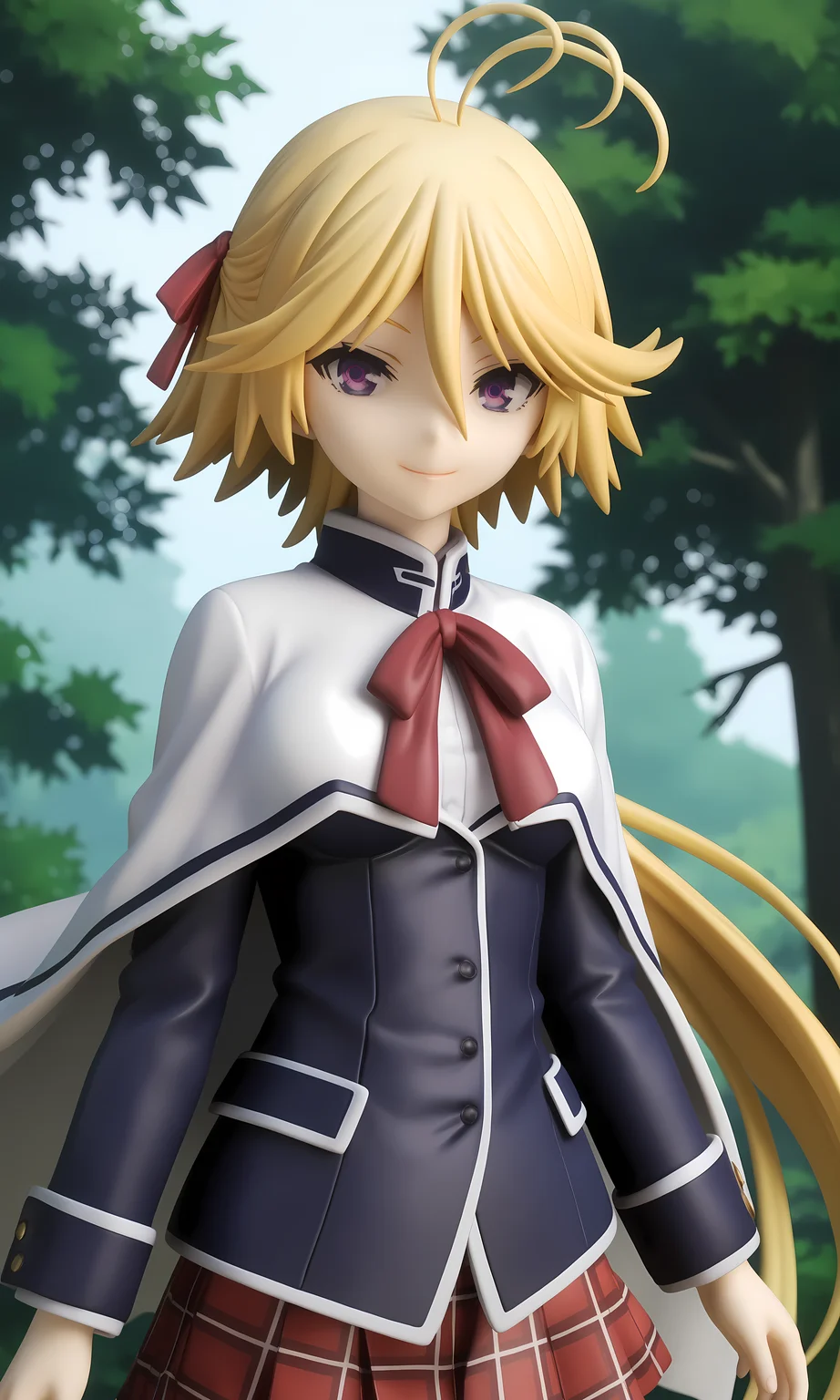 score_9, score_8_up, score_7_up, source_anime, highly detailed figure,looking at viewer, shiny skin, upper body, light smile, petite,ohwx, blonde_hair, purple_eyes, long_hair, short_hair, antenna_hair, ahoge, hair_between_eyes, very_long_hair, ponytail, breasts, hair_ribbon,skirt, cape, plaid_skirt, school_uniform, plaid, Old wooden bridge in a Japanese forest, covered in moss, gentle light, mysterious and calm ambiance,<lora:mira_yamana_pony_sobsynapse-000003:0.9>