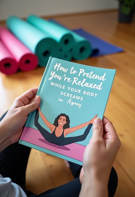 Closeup on a bright, colorful book held by an overly enthusiastic yoga instructor. The title 'How to Pretend You’re Relaxed While Your Body Screams in Agony' is written in calming, cursive letters. The cover features a person in an impossible yoga pose, smiling through gritted teeth. Only the instructor’s hands and part of a serene yoga studio, with mats neatly rolled up, are visible in the background.