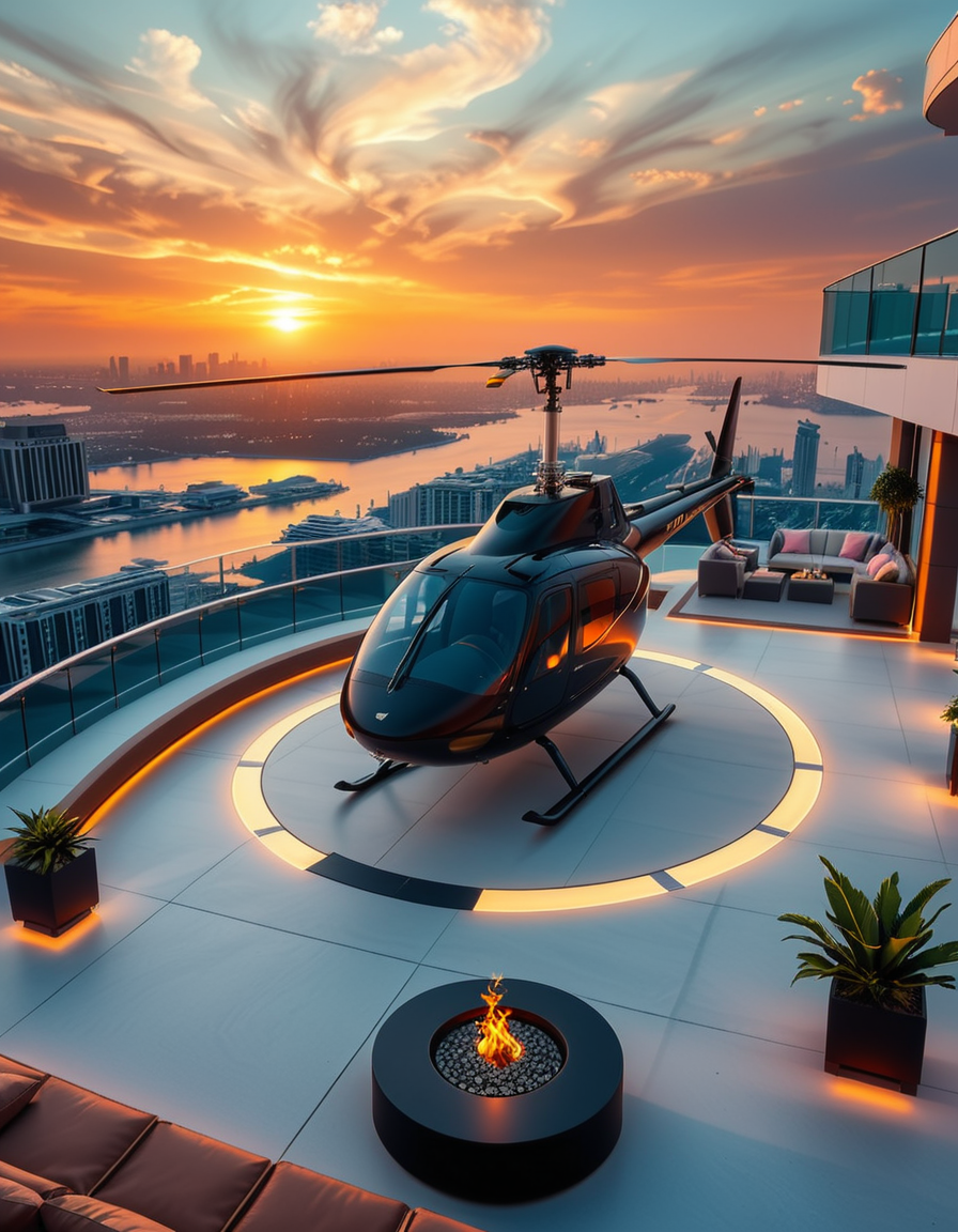A high-resolution photo of a luxurious rooftop of a five-star hotel at sunset, featuring a sleek helipad with a high-end, matte-black private helicopter elegantly parked. The rooftop is designed with ultra-modern architecture, featuring a spacious terrace with infinity-edge glass railings, ambient lighting, and a panoramic city skyline in the background. The surface of the helipad is clean, polished concrete with clear illuminated markings. Surrounding the helipad, there are lounge areas with modern outdoor furniture, minimalist fire pits, and decorative planters with tropical greenery. The lighting is warm and golden, casting soft shadows and highlighting the contours of the helicopter and the textures of the rooftop. The sky is dramatic, painted with hues of orange, pink, and violet, creating a cinematic atmosphere of luxury and exclusivity. The overall mood is elite, calm, and aspirational, showcasing the ultimate in urban luxury lifestyle.
<lora:SDXLFaeTastic2400:0.4> <lora:extremely_detailed:0.4> extremely detailed, <lora:helipad_r00ft0p:1>,helipad r00ft0p, Masterpiece,best quality,hi res,8k,hi res,8k,award winning,(sharp focus, intricate, highly detailed),