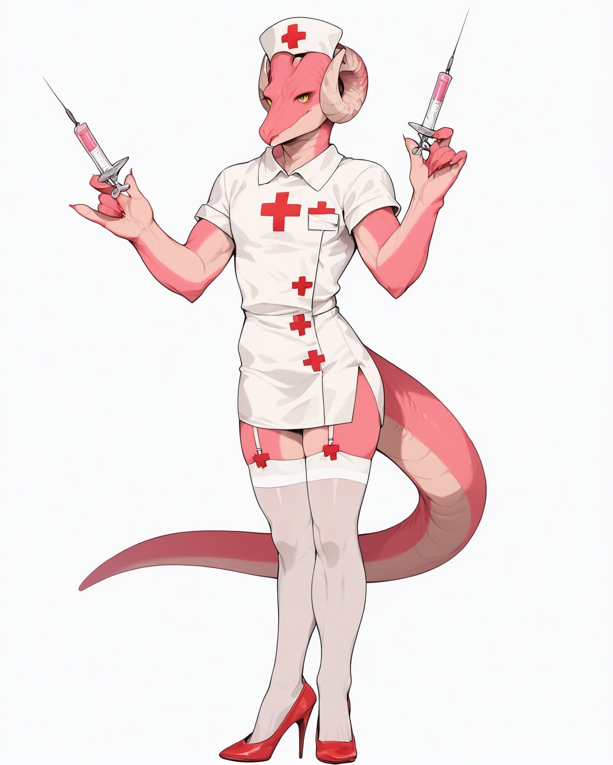 score_9, score_8_up, score_7_up, score_6_up, score_5_up, score_4_up,
(Masterpiece), (Best Quality), (Hi Res),
source_furry,
<1boy:1.5>,
<solo:1.5>,
<pink skin:1.5>,
<pink body:1.5>,
vincent_falnail, falchan, greyscale, 1boy, male focus, solo, yellow eyes, horns, furry male, furry, simple background, white background,
lipstick,makeup,ribbon,nostrils,dragon,
legs,sexy legs,muscular legs,heels,red heels,
<full body:1.5>,
<body focus:1.5>,
<simple background:1.5>,
<white  background:1.5>,
<lora:Vincent_Falnail:1> vincent_falnail,
 <lora:90s4n1m3XLP:1> 90s4n1m3, nurse,
nurse outfit,
short skirt,
sexy nurse,
stockings,
white  stockings,
meds,
injection,
nurse bonnet,
syringe,