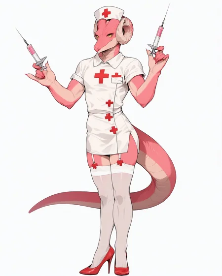 score_9, score_8_up, score_7_up, score_6_up, score_5_up, score_4_up,
(Masterpiece), (Best Quality), (Hi Res),
source_furry,
<1boy:1.5>,
<solo:1.5>,
<pink skin:1.5>,
<pink body:1.5>,
vincent_falnail, falchan, greyscale, 1boy, male focus, solo, yellow eyes, horns, furry male, furry, simple background, white background,
lipstick,makeup,ribbon,nostrils,dragon,
legs,sexy legs,muscular legs,heels,red heels,
<full body:1.5>,
<body focus:1.5>,
<simple background:1.5>,
<white background:1.5>,
<lora:Vincent_Falnail:1> vincent_falnail,
<lora:90s4n1m3XLP:1> 90s4n1m3, nurse,
nurse outfit,
short skirt,
sexy nurse,
stockings,
white stockings,
meds,
injection,
nurse bonnet,
syringe,