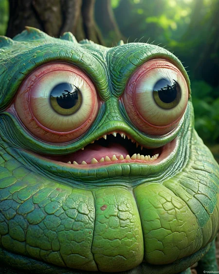big eyes, big teeth, Fantastic surreal landscape with oversized monsters, glowing eyes, green scales or hair. Colorful abstract background. High resolution photogrammetry texture. Extreme depth of field. Cinematic camera movement. Sculpted by artist Ron Arad, HR Giger, David Carson.