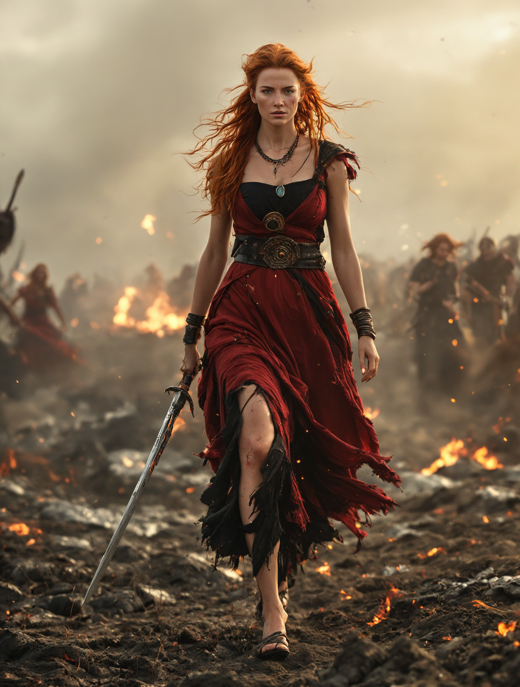 breathtaking detailed, masterpiece, absurdres, awe-inspiring, best quality, vibrant colors, nbn-freyja, auburn hair, wind in hair, torn red and black linen dress, neclace, confident, walking on battlefield, holding sword, cinematic lighting, blurry background, full body shot<lora:sdxl_NBN-Freyja_NordicByNature.safetensors:0.8:0.8>