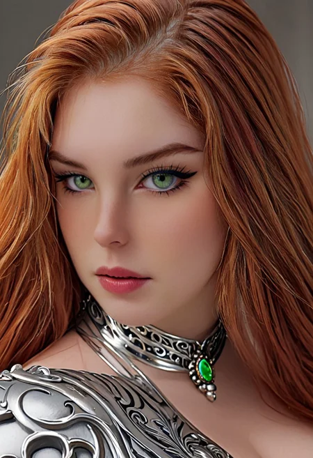 v3r0t1k4, 1girl, solo, realistic, ((full body:1.3)), ((wide angle shot, side view)), ((Hyperrealistic face:1.3), Detailed face), (perfect face:1.3), ((slutty woman)), ((green eyes, perfecteyes, long lashes)), 1girl, ((red hair:1.4)), long-haired white tiger woman, A closeup of fantastical image of a white tiger woman wearing a silver-plate dress, clad in a flowing, full silver-plate dress, wielding ornate jewelry, (perfect face:1.3), Her face is filled with power and determination as she wield the jewelry in a fluid, walking, looking at viewer, and making dynamic motion, voluptuous, huge saggy natural breasts, huge ass, huge thighs, ((thick thigs)), ((thicc)), (((flirty, mischief, naughty, inviting, eyes slutty look))), (masterpiece), (Realistic photo), (High quality), (RAW photo 8k), (Photography), Ultra detailed realistic skin texture).
