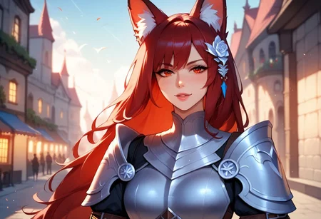 (score_9), (score_8_up), (score_7_up), masterpiece, source_anime, best quality, very aesthetic, epic, absurdres, Zyrnox-Exoterra Style, perfect anatomy, day_time, fantasy, fantasy elements, dark, dark_lighting, (horror theme:0.8). (1girl, fox girl knight, knight armor, no helmet, medieval-fantasy city, portrait), walking towards viewer, long hair, half portrait