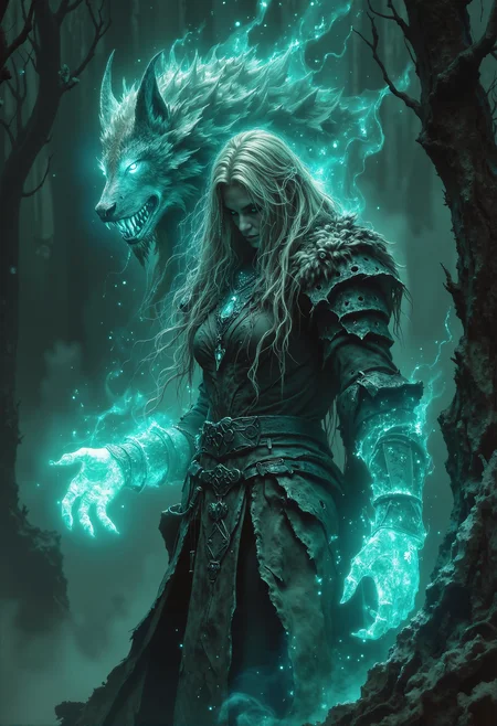 cinematic photo . Create a hyper-realistic depiction of a powerful and commanding sorceress in the midst of casting a spell in a dark, ancient forest. She stands confidently, her form illuminated by an ethereal cyan glow emanating from a spectral wolf-like spirit that hovers protectively behind her. The spirit appears semi-transparent, its sharp, glowing features and swirling ethereal trails imbued with a menacing energy that feels almost tangible.  The sorceress is dressed in meticulously detailed leather armor, with rugged textures and subtle scratches that show signs of wear. Fur-lined accents on her shoulders and bracers add a naturalistic touch, emphasizing her connection to primal forces. Her long, blonde hair flows naturally as if caught in a faint breeze, while a horned circlet of dark metal sits upon her head, its surface intricately carved with ancient runes. Her intense, piercing gaze is directed forward, her extended hand glowing with vibrant, raw magical energy that seems to pulse in the air around her. Delicate runic symbols faintly shimmer and hover around her fingertips, as if carved from light.  The lighting is dramatic and naturalistic, with the sorceress and the spirit bathed in the soft yet intense teal glow of her magic. The surrounding forest is steeped in shadow, with intricate details visible in the bark of twisted, gnarled trees and faint mist curling through the undergrowth. The interplay of light and shadow is subtle and atmospheric, creating a sense of depth and tension, while the glow from her magic reflects off the damp ground and nearby tree trunks.  The overall scene conveys a sense of realism and power, immersing the viewer in a moment of raw, arcane energy, where the sorceressâs connection to both nature and the supernatural is brought to life in vivid, lifelike detail. <lora:Magic_of_Art_(FLUX).safetensors:0.5>,  <lora:Elden_Ring_-_Yoshitaka_Amano.safetensors:1.0>,  <lora:fantasy-flux-v1.safetensors:1.0>,   . 35mm photograph, film, bokeh, professional, 4k, highly detailed