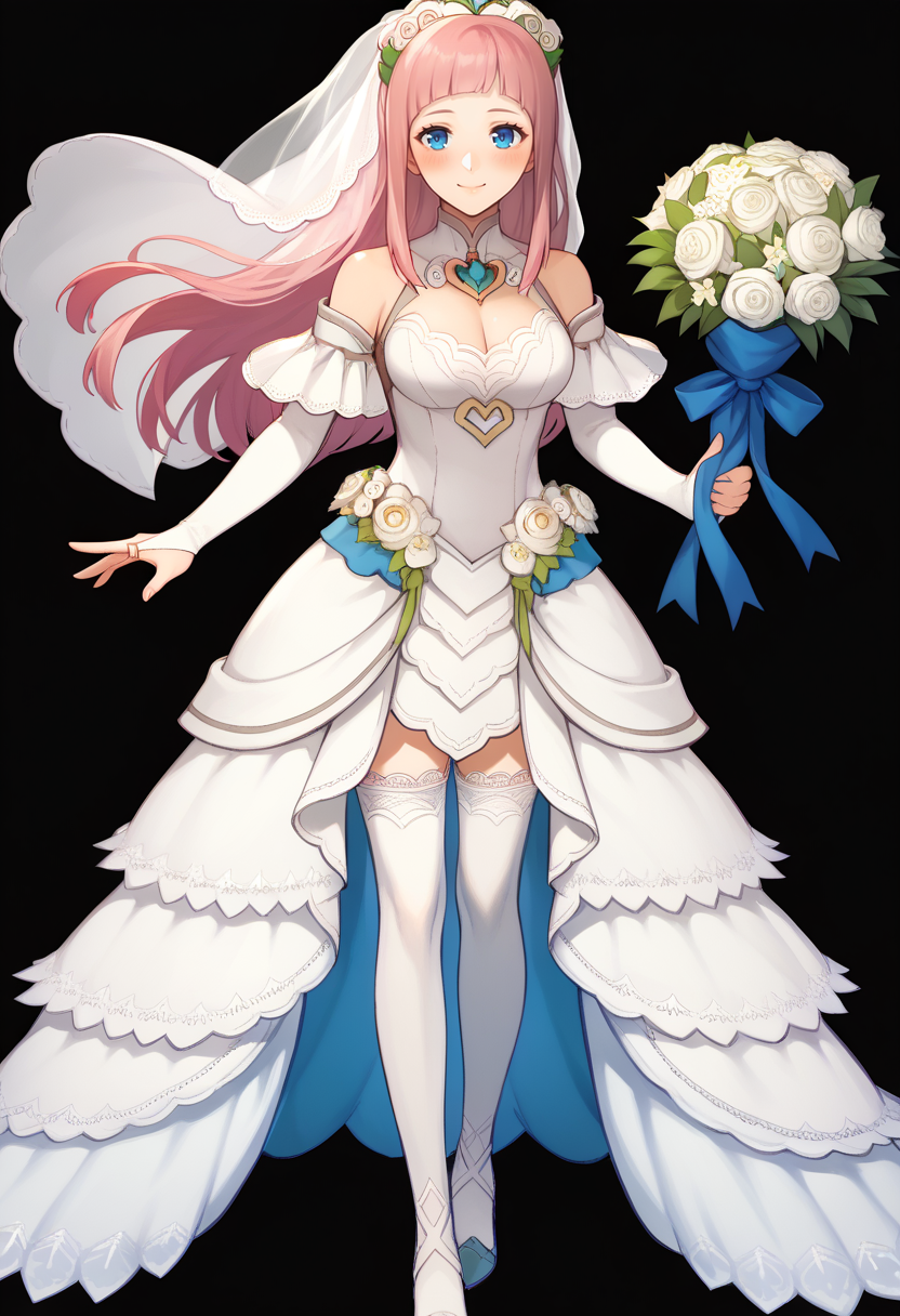 score_9, score_8_up, score_7_up, source_anime BREAK 1girl, solo, <lora:feh-style-richy-v1_pdxl:1> fehdef, full body, standing, black background, simple background, <lora:felicia-fe-richy-v1_pdxl:0.9> feliciadef, pink hair, blue eyes, long hair, bangs, bride, bridal gauntlets, bridal garter, bridal veil, wedding dress, smile, blush, looking at viewer, white legwear, bouquet, holding bouquet, see-through, cleavage, bare shoulders, detached sleeves,