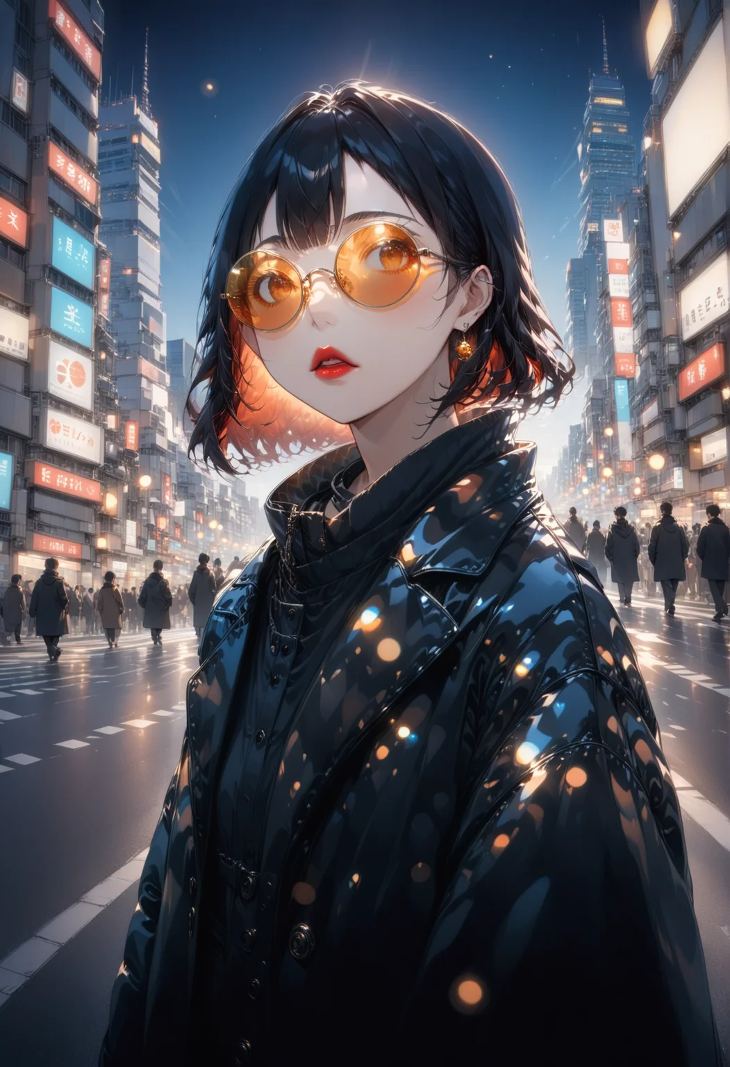 tokyo_street_fashion_xl, portrait, streetwear, 1girl, black coat, shiny coat, obsidian coat, wearing glasses, rose tinted eyewear, black hair, red lipstick, BREAK
on a wide Ginza city street surrounded by skyscrapers, (time lapse, long exposure, bokeh, depth of field, pinhole effect, double exposure:2), sunbeam, god rays,
intricate detail, cinematic lighting, amazing quality, amazing shading, extremely detailed eyes and face, beautiful detailed eyes, ((masterpiece, best quality)), from below, upper body
<lora:aesthetic_anime_v1s:1>
<lora:tokyo_street_fashion_xl_1:1>
<lora:ral-obsdn:1>