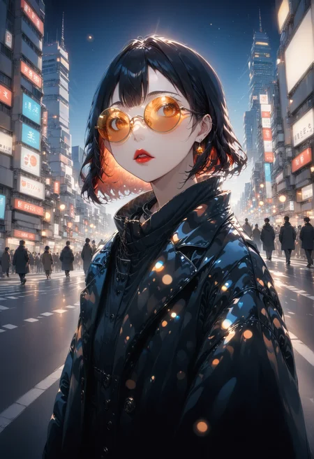 tokyo_street_fashion_xl, portrait, streetwear, 1girl, black coat, shiny coat, obsidian coat, wearing glasses, rose tinted eyewear, black hair, red lipstick, BREAK
on a wide Ginza city street surrounded by skyscrapers, (time lapse, long exposure, bokeh, depth of field, pinhole effect, double exposure:2), sunbeam, god rays,
intricate detail, cinematic lighting, amazing quality, amazing shading, extremely detailed eyes and face, beautiful detailed eyes, ((masterpiece, best quality)), from below, upper body
<lora:aesthetic_anime_v1s:1>
<lora:tokyo_street_fashion_xl_1:1>
<lora:ral-obsdn:1>