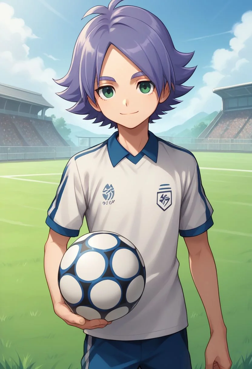 score_9, score_8_up, score_7_up, source_anime, highly detailed, 1boy, solo, male_focused 
fubuki_shirou, purple hair, green eyes, sportswear, soccer uniform, cute, skinny, slender, 
holding, holding soccer ball, grass, soccer field, smile, closed mouth,