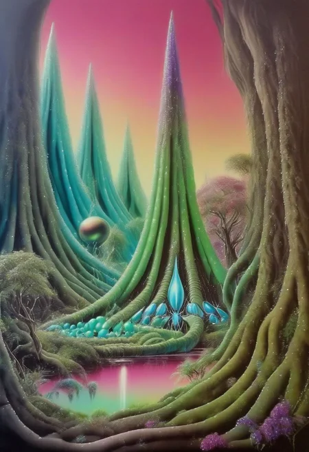 70s airbrush painting of an infinite jeweled alien garden <lora:70s_Sci-Fi_Art_XL:1>