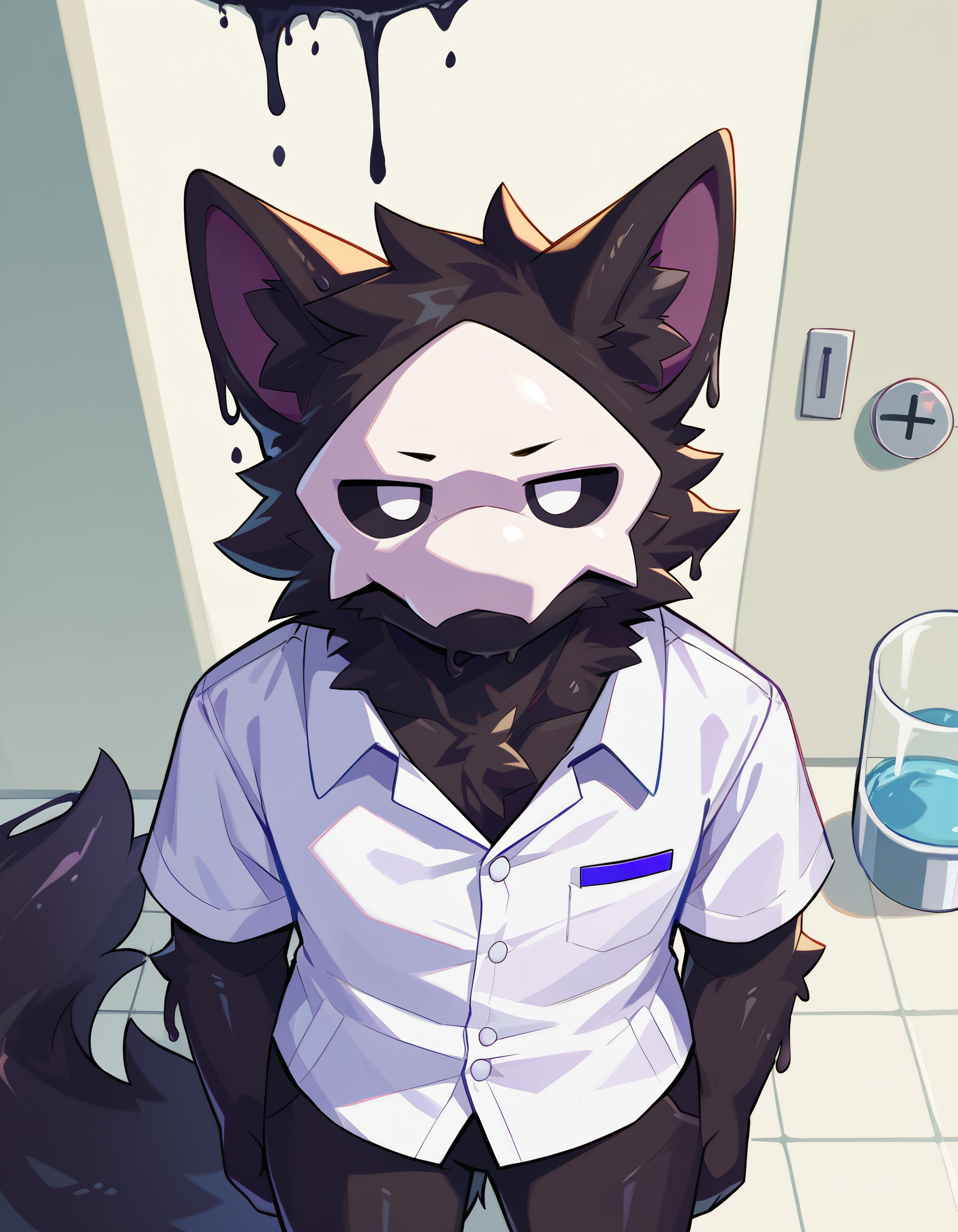 score_9, score_8_up, score_7_up, source_furry, furry, anthro, 1boy, solo, male, tail, animal ears, seductive, looking at viewer, detailed background, <lora:add-detail-xl.safetensors:1.0>, <lora:Puro_Changed.safetensors:1.0>, puro_changed, solo, black fur, mask, black body, anthro, solo, fur, white eyes, black sclera, colored sclera, black eyes, tail, holding, animal ears, goo body, goo, expressive goo, blep, upper body,  (from above, standing, bored, lab, lab background:1.15)