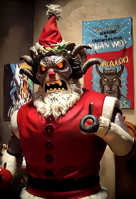 r0b0t_s4nta_c1aus, robot santa claus vs krampus, robot santa on the left, and krampus on the right,dramatic face-off, intense boxing poster, epic anime movie poster