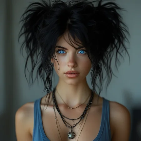 bellissima, 1girl, solo, looking at viewer, blue eyes, black hair, jewelry, necklace, lips, tank top, messy hair, realistic