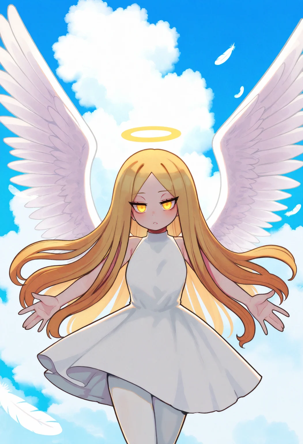 best quality, amazing quality, very aesthetic, absurdres, BREAK
1girl, long hair, blonde hair, white theme, angel wings, white dress, feathers, sky, detailed background, white background, halo, white pantyhose, spread wings, outstretched, blue sky, cloud,
looking at viewer, yellow eyes, glowing eyes,   <lora:NivarisNoob_byKonan:1>