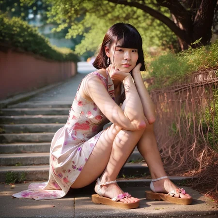 safe_pos, (masterpiece, best quality, highly detailed, realistic, photo), score_9_up, score_8_up, score_7_up, hyper realistic, extremely detailed, detailed face, 1girl, vietnamese girl, sitting, small breasts, bobbed hair, blunt bangs, floral print sundress, sandals, public park, outdoors, depth of field, absurd res, 8k uhd, volumetric lighting, tack sharp focus, beautiful composition, intricate detail, professional photography