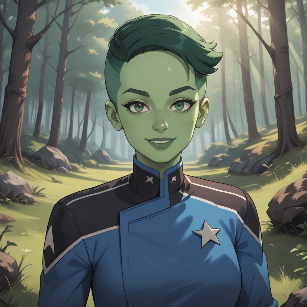 score_9, score_8, BREAK, solo, D'vana Tendi, orion species, Star Trek, in a starfleet uniform, colored skin, green skin, green freckles, colored hair, green hair, undercut, sexy pose, self portrait, smile, outdoors, sunlight, shadows, evening lighting, natural lighting, forest, trees, grass, orange sky, sunset