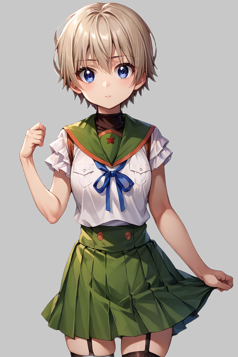 score_9, score_8_up, score_7_up, source_anime BREAK 1girl, solo, <lora:gakkou_miki:1>, gakkou_miki, school uniform, green skirt, green sailor collar, frilled sleeves, black thighhighs, garter straps, short hair, blue eyes, bangs, looking at you, simple background