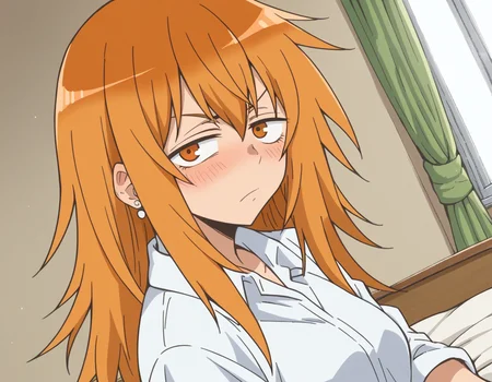 score_9, score_8_up, score_7_up, source_anime,
makigamou, <lora:maki-gamou-s1s2-ponyxl-lora-nochekaiser:1>,
maki gamou, long hair, orange hair, orange eyes, sanpaku,
skirt, shirt, jewelry, school uniform, white shirt, pleated skirt, earrings, blue skirt,
indoors, bed, bed room, on side, blush, drunk,
looking at viewer, cowboy shot, solo, dutch angle,