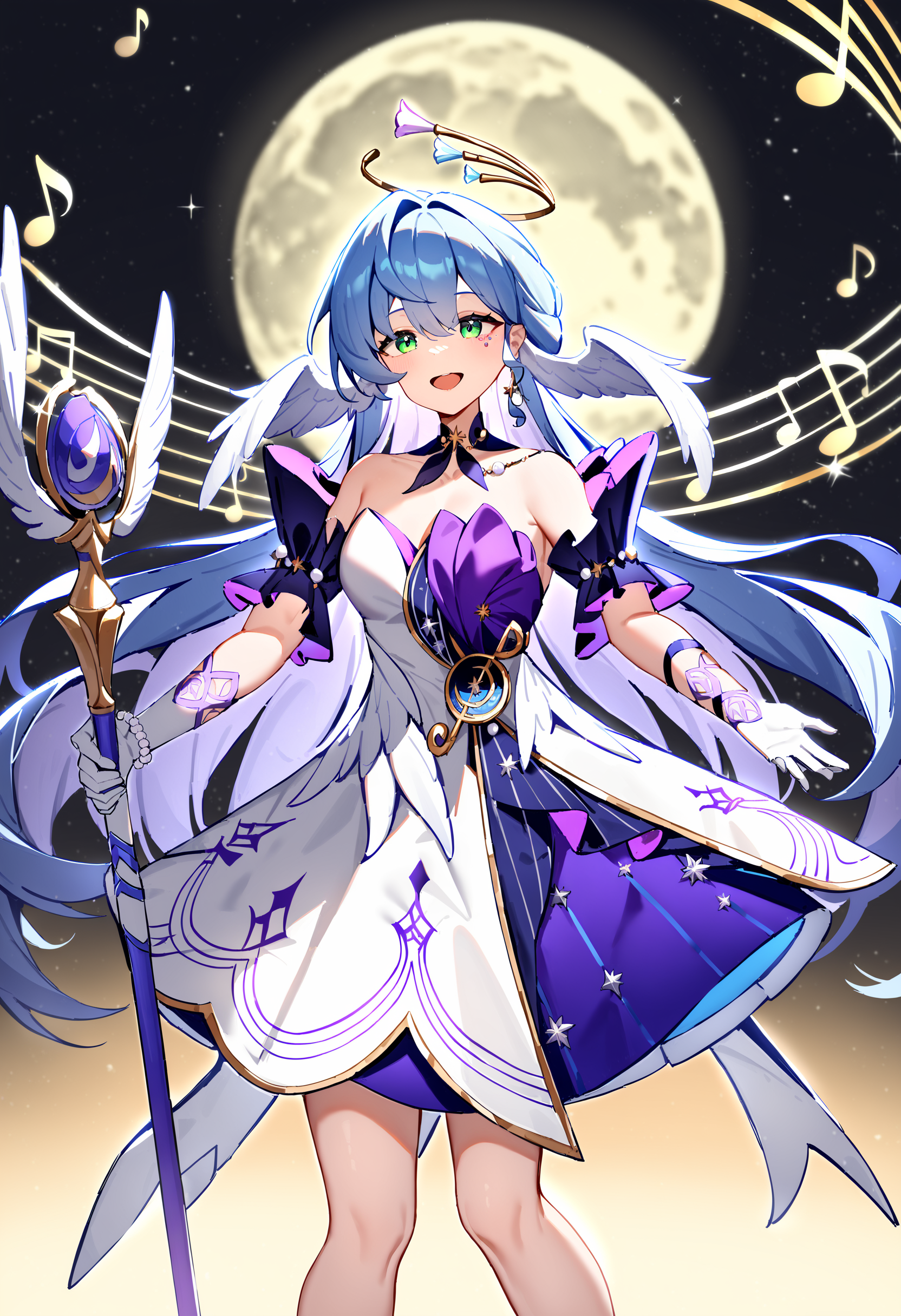 robin,1girl,solo,musical note,gloves,treble clef,white gloves,halo,open mouth,smile,white wings,detached sleeves,green eyes,strapless dress,strapless,bare shoulders,jewelry,moon,very long hair,eighth note,staff,beamed eighth notes,bracelet,staff \(music\),feathered wings,head wings,masterpiece,best quality,very aesthetic,absurdres,<lora:Robin_4dim_By-XieMo:1>,