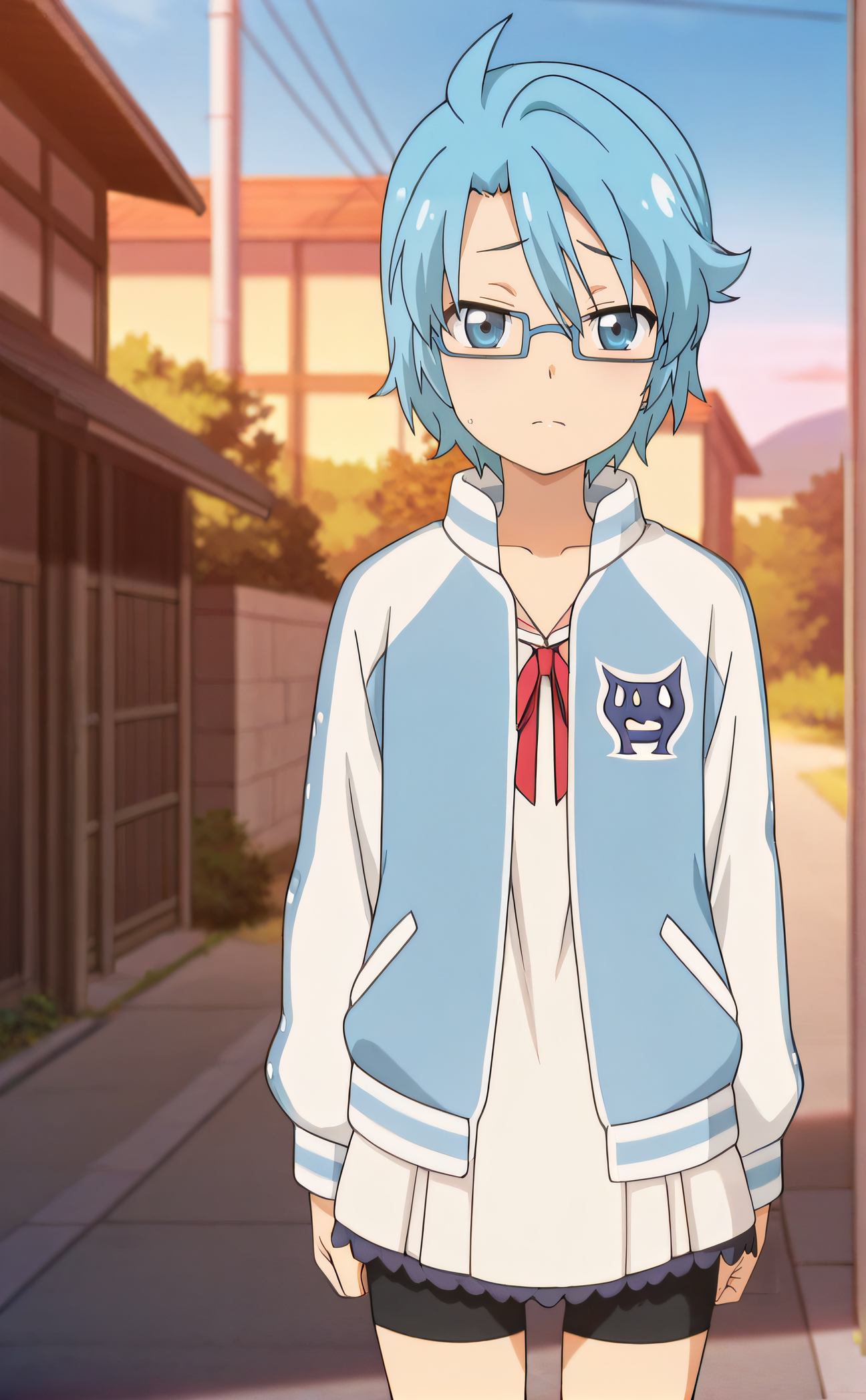 masterpiece, best quality, highres, newest, 1girl, solo, official style, anime screencap, <lora:Aoi:1>, aoi, blue hair, blue eyes, glasses, red_ribbon, letterman jacket, bike shorts, sad expression, looking at viewer, outdoor, cowboy shot