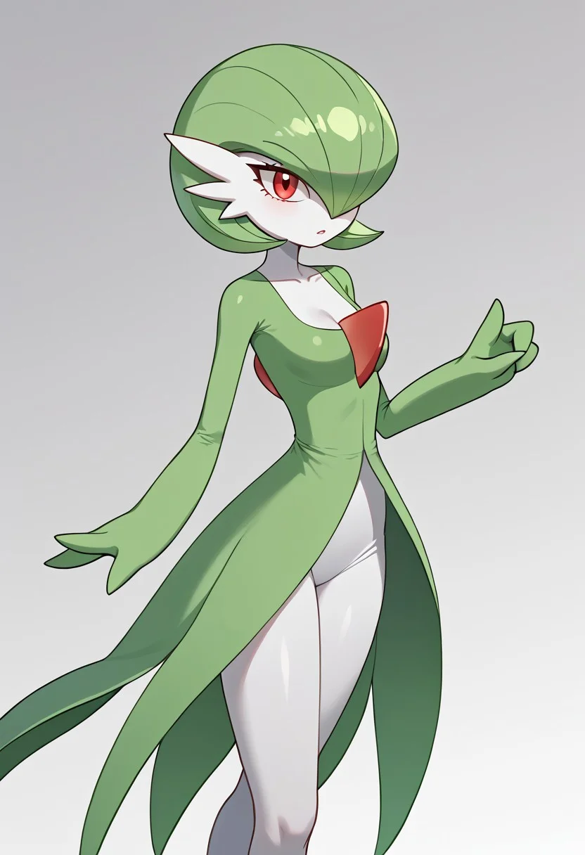 Pokemon, Gardevoir, slim body, long white and green dress, white skin, red peak on the chest, short straight green hair, round head, big red eyes, thin legs, pointed feet, hands with 3 fingers, green dress interior , long-sleeved dress, wide neckline