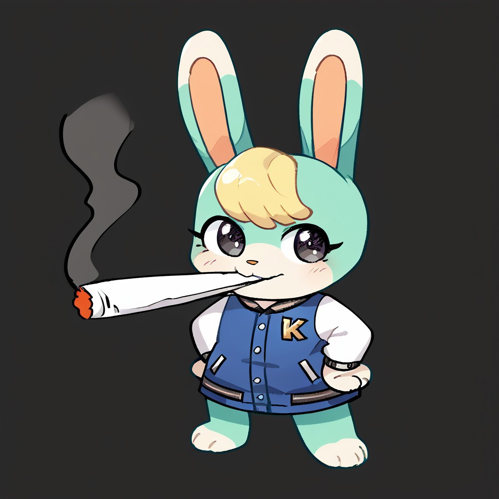 score_9, score_8_up, score_7_up, score_6_up, score_5_up, score_4_up, easynegative, sasha (ac), green fur, blue jacket, blonde hair, rabbit, girly, femboy, dubi3, full body, standing, chibi, looking at viewer, hands on own hips, cigarette, smoke, text saying "4/20"