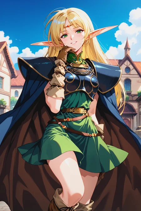 score_9, score_8, score_7, score_6_up, score_5_up,
deedlit, circlet, shoulder armor, breastplate, green tunic, gold choker, arm_wraps, belt, brown footwear, boots, ruby circlet, gold line filigree decoration, short tunic, short skirt,
1girl, long hair, blonde, elf, navy blue breastplate, navy blue shoulder armor, sleeveless, leather gloves, Cloak, green shirt, brown gloves, two-tone cape, long boots,long cape,
beautiful face, 24 years old,
smile, green eyes,
bangs,
record of lodoss war,
upper body,
medieval village, walking,
<lora:Degen_Deedlit_v1:0.55>, <lora:TOO_NobuteruYuuki_v3B_PonyXL:0.55>, <lora:PirotessXLpony001:0.3>, <lora:Urushihara Satoshi_XL_PONY_V2:0.4>, <lora:Sinozick_Style_XL_Pony:0.2>, <lora:DefaultZ17:0.2>, <lora:style1:0.2>, <lora:pixivtext2:0.2>,