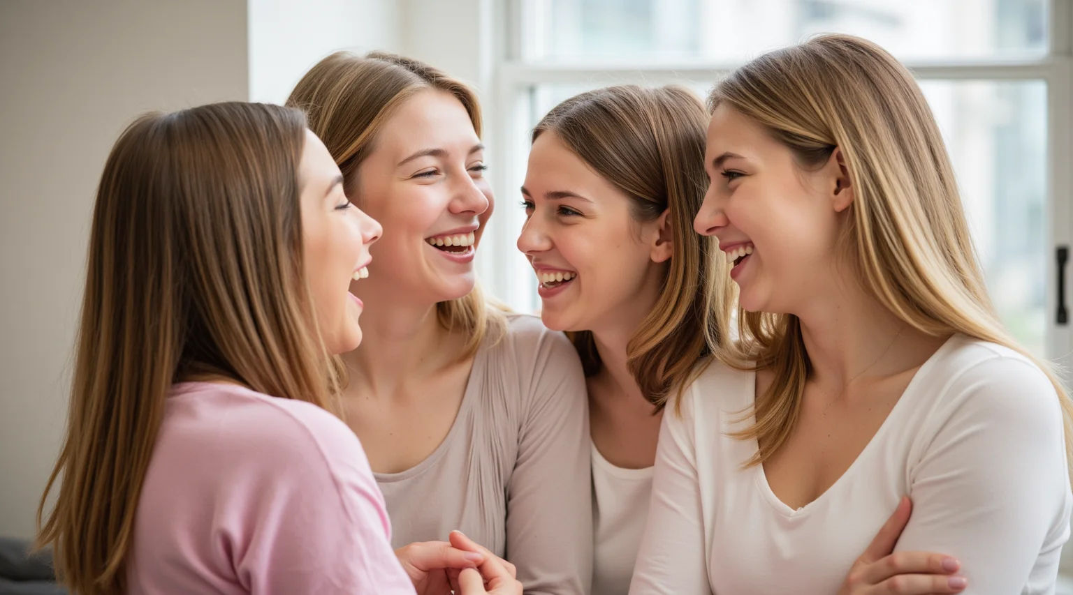 Beautiful Young women laughing together, showing joy and understanding.