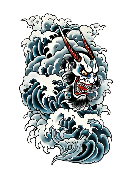 best quality, masterpiece,TBD,tattoo, a monster face, white background,cloud,wave, <lora:TBD-000008:0.8>