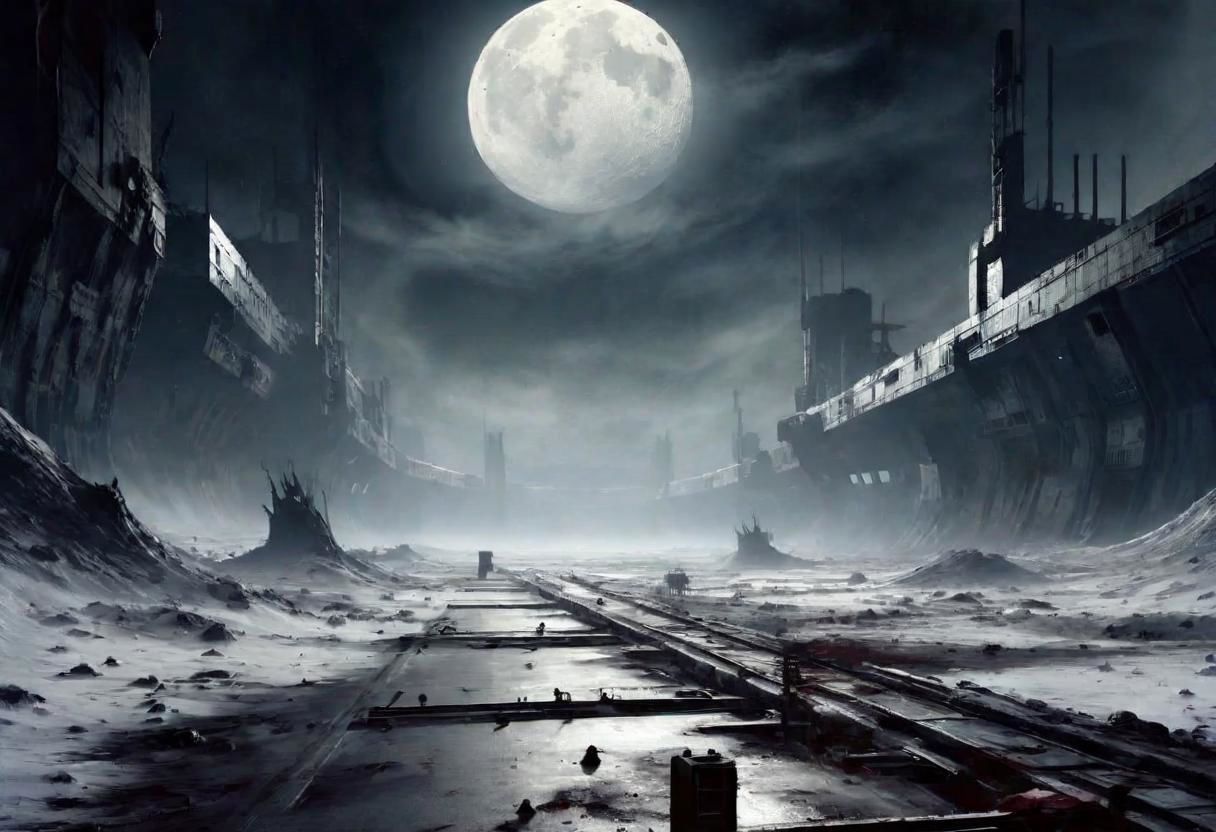 EdobHorrorLandscape,
A landscape of a deserted moon base,
hopeless, nightmare,
fog,
winter,
crimes, muders, gangs,