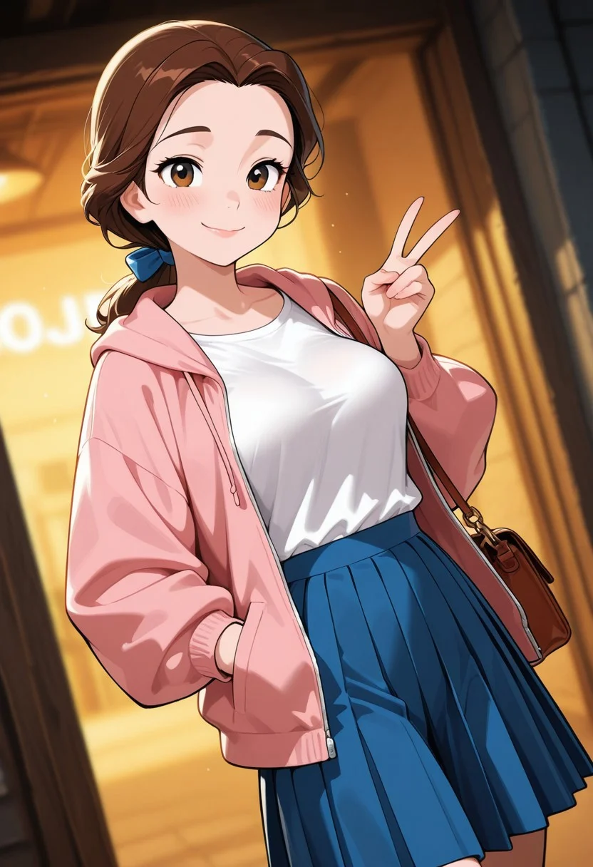 Score_9, Score_8_up, Score_7_up, Score_6_up, Score_5_up, Score_4_up, (masterpiece, best quality:1.2, very aesthetic, absurdres, amazing quality, very aesthetic, high resolution, ultra-detailed), soft_lighting, soft_skin_tone, blurry background, addmicrodetails, dutch angle, cowboy shot,
BREAK
1girl, cute girl, animification, bellexd, brown hair, brown eyes, ponytail, blue hair ribbon, medium breasts, long sleeves, pink open hoodie, white undershirt, blue pleated skirt,
crossbody shoulder bag,
standing, hand in pockets, v, smile,
BREAK
(street),