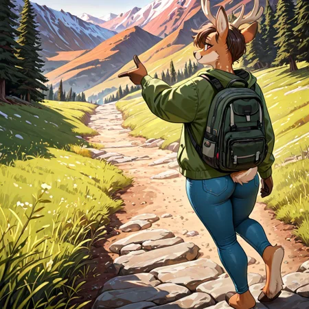 masterpiece, best quality, newest, absurdres, highres, furry, perfect anatomy, L07u8,1girl,solo,furry,furry female, deer ears, antlers, short hair, no headwear, brown eyes, snout, animal nose, body fur, two-tone fur, brown fur, white fur, tail, hooves, green jacket, blue pants, denim jeans, big backpack, hiking backpack, hiking, hiking gear, mountains, mountain trail, hand out, hand towards viewer,
