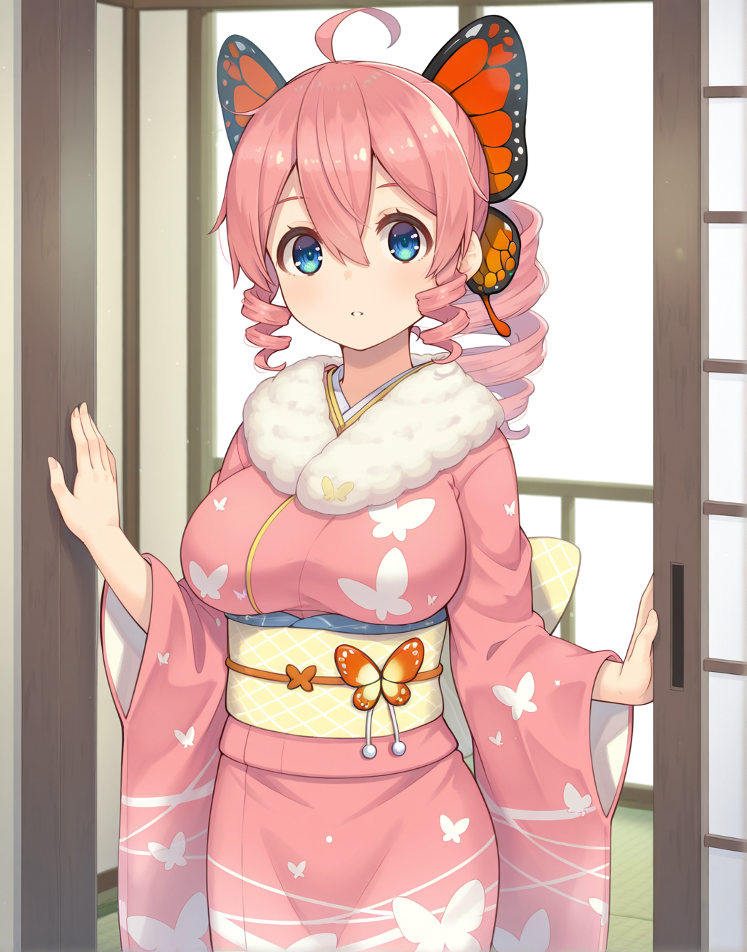 solo,<lora:illustrioushimari:0.8>,sakuraba himari,pink hair,ahoge,blue eyes,butterfly hair ornament,drill hair,drill ponytail,breasts,looking at viewer,indoors,print_kimono,obi,