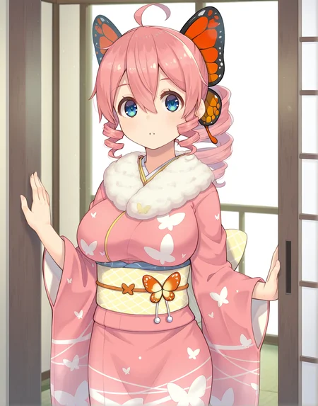 solo,<lora:illustrioushimari:0.8>,sakuraba himari,pink hair,ahoge,blue eyes,butterfly hair ornament,drill hair,drill ponytail,breasts,looking at viewer,indoors,print_kimono,obi,