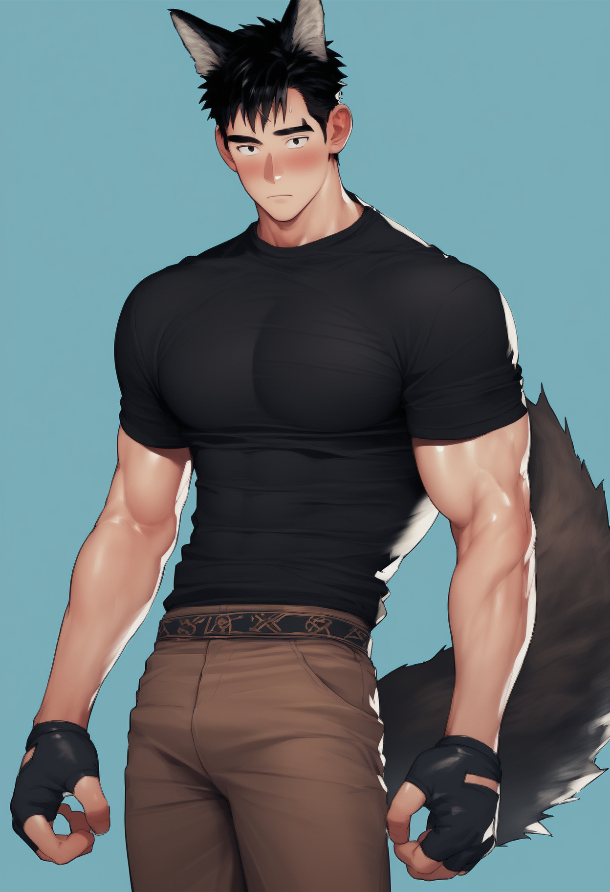 <lora:naoki xman:1>,naoki,1boy,solo,male focus,animal ears,short hair,muscular,pants,tail,black hair,brown pants,shirt,black shirt,blush,gloves,wolf ears,fingerless gloves,wolf tail,wolf boy,sideburns,looking at viewer,black gloves,, score_9,score_8_up,score_7_up,source_anime,