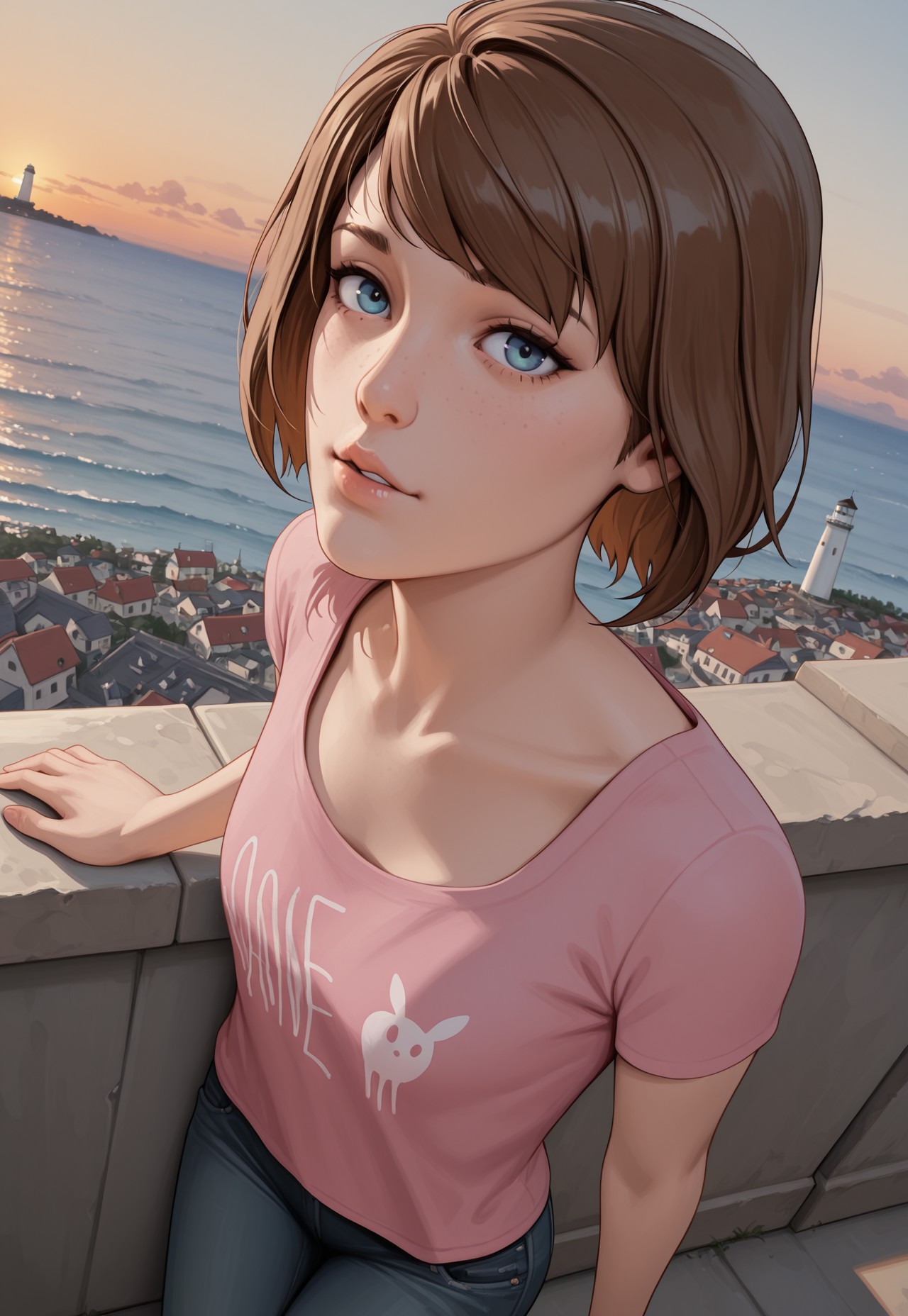 safe_pos, masterpiece, best quality, BREAK, dynamic angle, solo, 1girl, maxcaulfieldlis, blue eyes, brown hair, pink shirt, pants, looking at viewer, cute, suggestive face, cliff side, ocean, lighthouse, town, sunset, detailed scenery