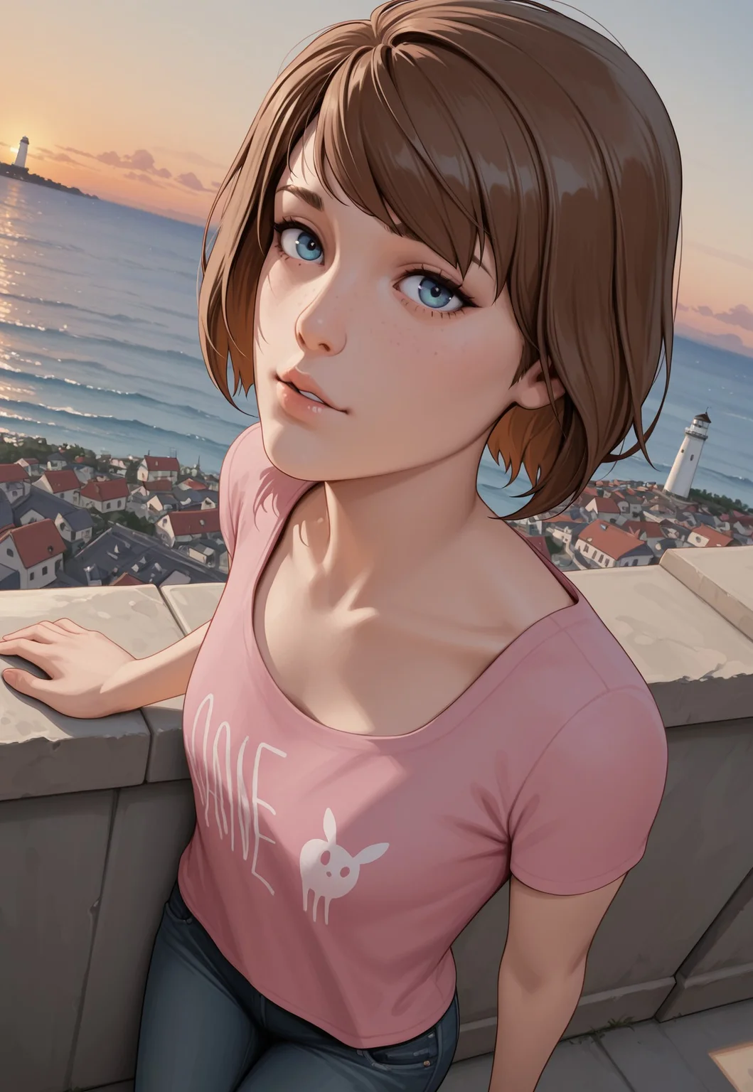 safe_pos, masterpiece, best quality, BREAK, dynamic angle, solo, 1girl, maxcaulfieldlis, blue eyes, brown hair, pink shirt, pants, looking at viewer, cute, suggestive face, cliff side, ocean, lighthouse, town, sunset, detailed scenery