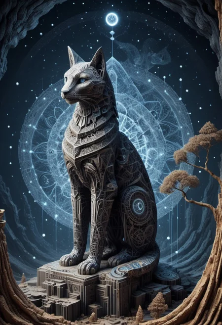 a liquid marble statue of Lunar Anubis (diaphanous lace), cat performing alchemy of etheral symbol quintessence, (one paw raised showing the eye of chemigram:1.1 eye of hamesh (with rays coming out of it), OverallDetail forging cluster astral keys, (negative space tetrahedral trees ((revelation of method,PStyl3 )),, (map QuinnMora, HaroldFiskMeander background:1.4), framesmade of checkerboard layer, , no human, ((sigil of pyramid, sigil of great power, frames cube FancyTurning:1.5), (three planes) X Y Z in occult space