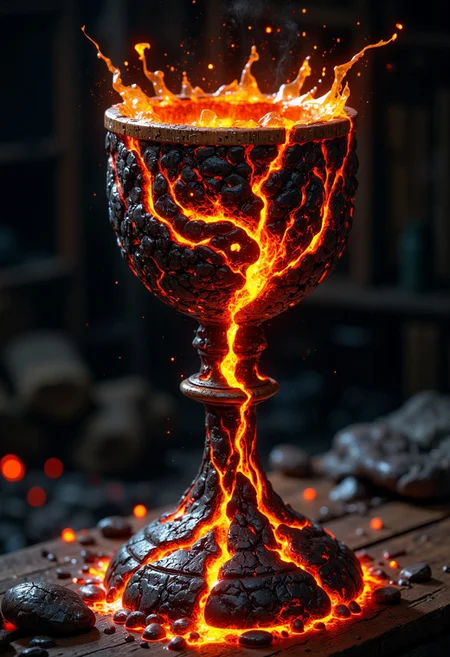 A hyper-realistic portrait, photorealistic photo close-up image of A chalice forged from molten lava, its surface perpetually shifting and flowing like a living, fiery river. The body of the chalice is smooth, with glowing orange and red patterns resembling ancient runes, constantly appearing and disappearing as the lava moves. The rim is edged with a blackened, obsidian-like material that contrasts sharply with the molten liquid within. Inside the chalice, a swirling vortex of liquid fire dances, its heat palpable even from a distance. The base is heavy, with veins of glowing magma coursing through the stone, grounding the otherwise fluid object in the physical world. The chalice stands on a wooden medieval table (photography, high-resolution, dynamic, energetic,hyper-realistic, dramatic lighting, shallow depth of field.)