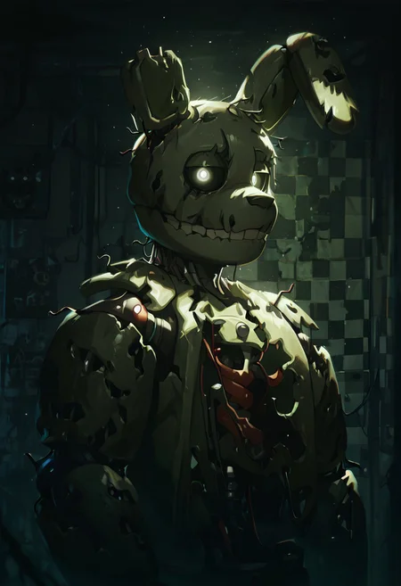 masterpiece, best quality, amazing quality, very aesthetic, absurdres, newest, detailed background, foreground blur, 
,springtrap, robot, teeth, rabbit ears, mechanical parts, animatronic, green skin, round head,  damaged, closed mouth, 
dark room, checkered walls, side view, looking at viewer, black sclera, glowing pupils, dark,
