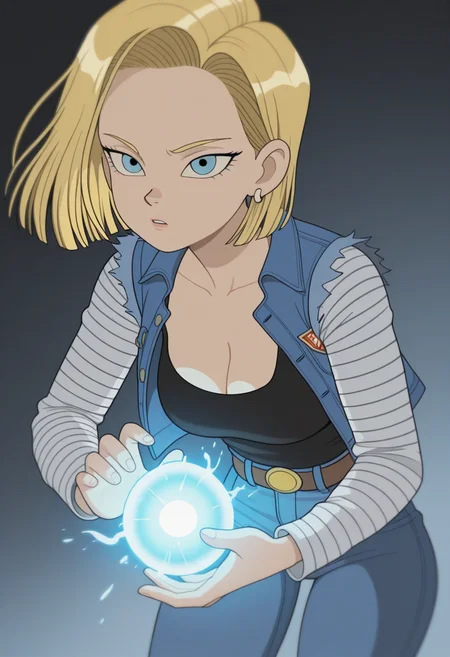 W411, masterpiece, best quality, solo, 1girl, android 18, blonde, denim vest, holding blue energy ball, neon hue, medium shot, cleavage,