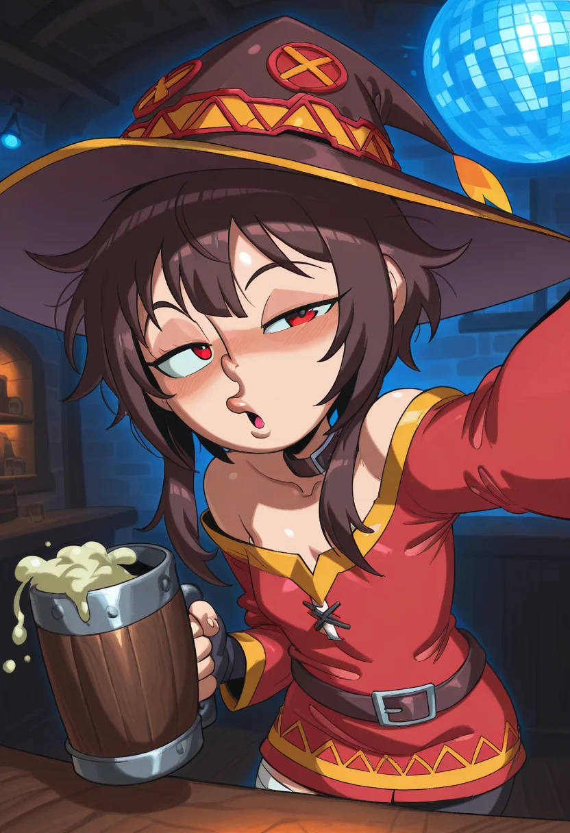 j0j0, masterpiece, best quality, solo, megumin, neon party lights, tavern, disco ball, pov from below selfie, one eye half closed, holding tankard, drunk, hat, messy hair, burp,