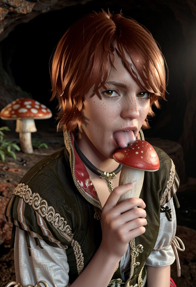 score_9, score_8_up, score_7_up Shani Witcher 3 freckles mole on chin up close looking at viewer carefully exploring, ancient cave holding in her hand a small glowing mushroom licking the mushroom