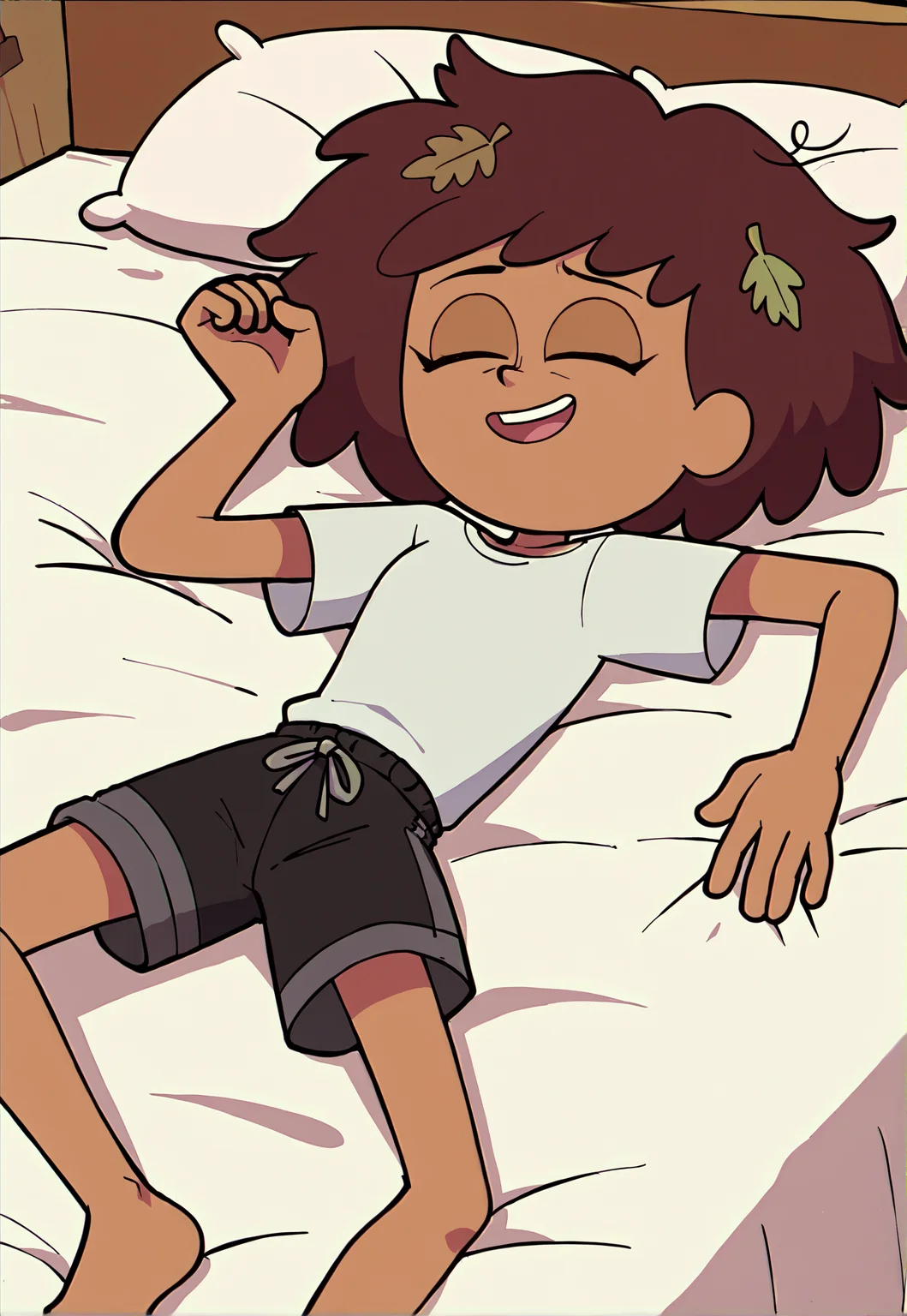 masterpiece, high quality, score_9, score_8_up, solo, 1girl, AnneBoonchuy, cute, Dark-skinned female, sleepoverAnne, (White shirt), black shorts, (sleepy), (messy hair), smile, source_cartoon, vector, flash, thick outline, bed, zPDXL3, handfixer, leaf on hair, <lora:Anne_Boonchuy_V3:0.4>,<lora:Pony_QualityV4.0:1>,<lora:StS_PonyXL_Detail_Slider_v1.4_iteration_3:0.5>,<lora:HandFixer_pdxl_Incrs_v1:1>,<lora:Vector_Flash_animation_style:1>
