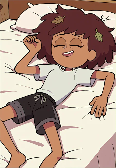 masterpiece, high quality, score_9, score_8_up, solo, 1girl, AnneBoonchuy, cute, Dark-skinned female, sleepoverAnne, (White shirt), black shorts, (sleepy), (messy hair), smile, source_cartoon, vector, flash, thick outline, bed, zPDXL3, handfixer, leaf on hair, <lora:Anne_Boonchuy_V3:0.4>,<lora:Pony_QualityV4.0:1>,<lora:StS_PonyXL_Detail_Slider_v1.4_iteration_3:0.5>,<lora:HandFixer_pdxl_Incrs_v1:1>,<lora:Vector_Flash_animation_style:1>