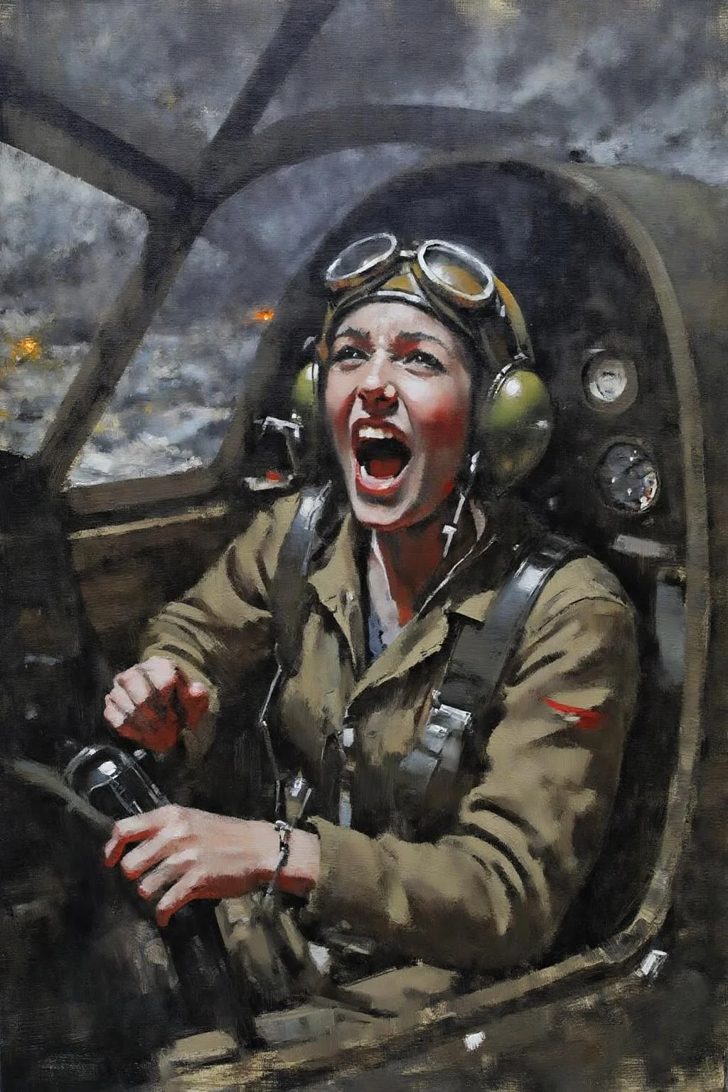 marklague1 painting.
A female pilot screaming inside the cockpit of a World War II bomber. The pilot, wearing a vintage leather flight helmet with goggles and a bomber jacket, grips the controls with white-knuckled hands. Her face is contorted in a mix of fear and determination as she yells, her eyes wide with adrenaline. The cockpit is cramped and filled with old-fashioned dials and gauges, with the outside view showing dark stormy clouds and distant anti-aircraft fire <lora:marklague1_cap_d8a4e12:1.0><lora:855136452135096068:0>