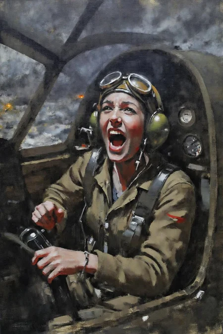 marklague1 painting.
A female pilot screaming inside the cockpit of a World War II bomber. The pilot, wearing a vintage leather flight helmet with goggles and a bomber jacket, grips the controls with white-knuckled hands. Her face is contorted in a mix of fear and determination as she yells, her eyes wide with adrenaline. The cockpit is cramped and filled with old-fashioned dials and gauges, with the outside view showing dark stormy clouds and distant anti-aircraft fire <lora:marklague1_cap_d8a4e12:1.0><lora:855136452135096068:0>
