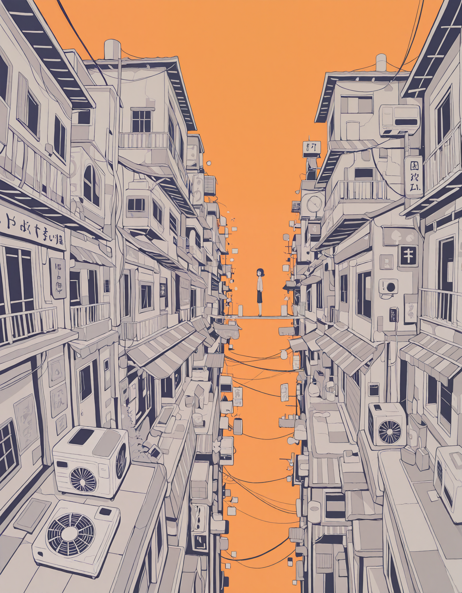 masterpiece,  best quality, newest, highres, absurdres, <lora:hebitsukai_style:1>,hebitsukai_illu,  1girl, solo, short hair, air conditioner, standing, limited palette, building, wide shot, sign,orange background, cyan theme