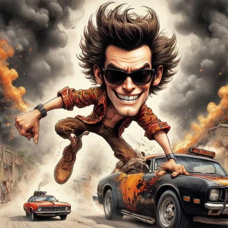 illustration, Ace Ventura driving his vintage modified junket Hot Rod Rat Rod street machine, leaving behind a trail of thick black exhaust smoke in his wake along with his enemies wanting him stopped, his ((Hot Pursuit Chase towards Victory)), positioned seated leaning out overhanging the armrest of car door, leaning top half of his body outside his car, his arm fully stretched to reach his steering wheel, dark retro sunglasses, his hair unaffected by wind, fearless heroic, charisma is charismatic and intoxicating, outrageously ridiculous, Tim Burton, hyper-realistic, very detailed, micro pen art, dark vignette, film grain, sharp lines, high dynamic range, light sepia, Gray, Red And Gold Color Scheme, Pet Detective style, ink art